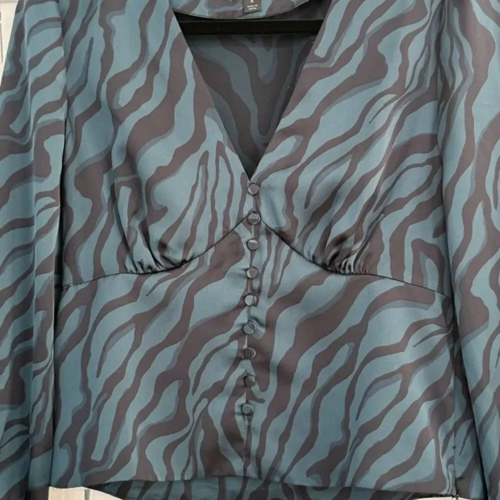 J. Crew Women 4 Charmeuse Satin Abstract Zebra Print Popover Blouse Artsy Sultry